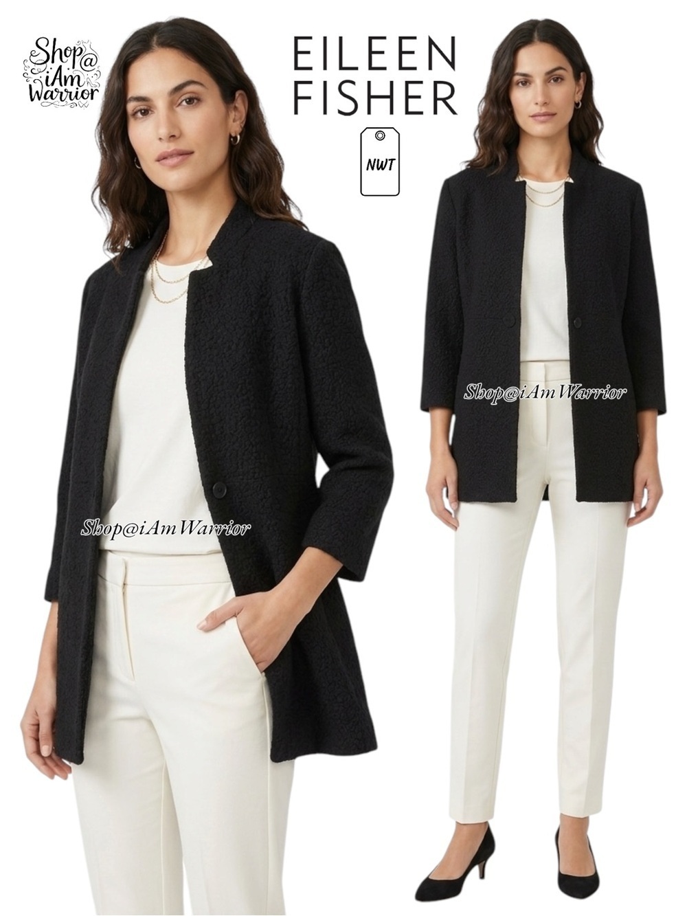 Eileen Fisher NWT Black Pebble Wool Stand-Collar Blazer Jacket *shop@iamwarrior